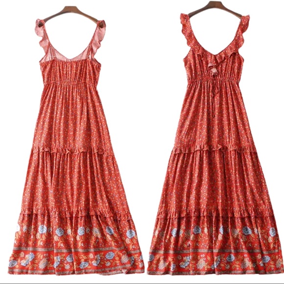 Boho Floral Gypsy Print Cami Maxi Dress Tiered - Picture 5 of 14